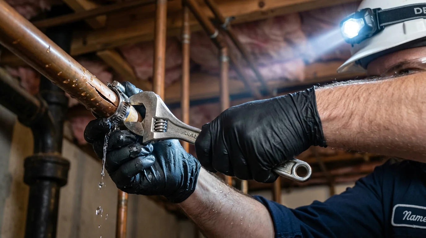 Emergency pipe clamp repair being performed by a Johns Plumbing LLC plumber in New Franklin