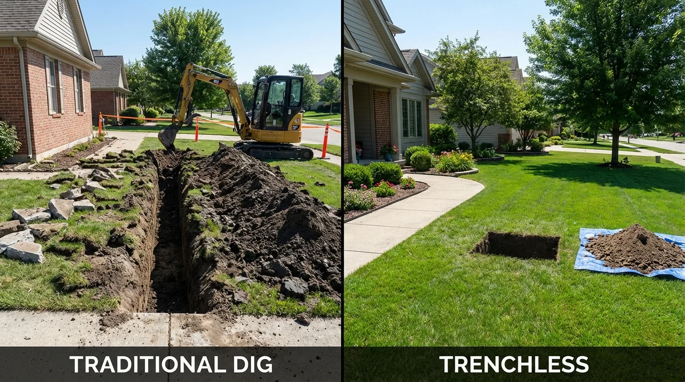 Trenchless sewer repair with minimal yard damage versus traditional excavation in New Franklin, MO